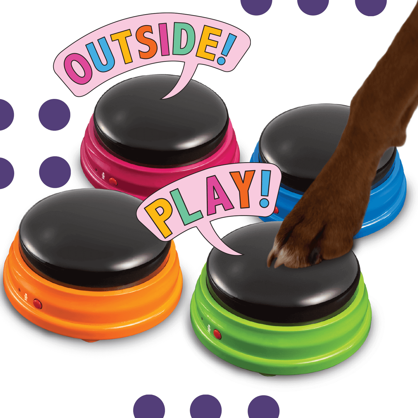 Colorful Talking Pet Buttons with Dog Paw Pressing "Play" Button