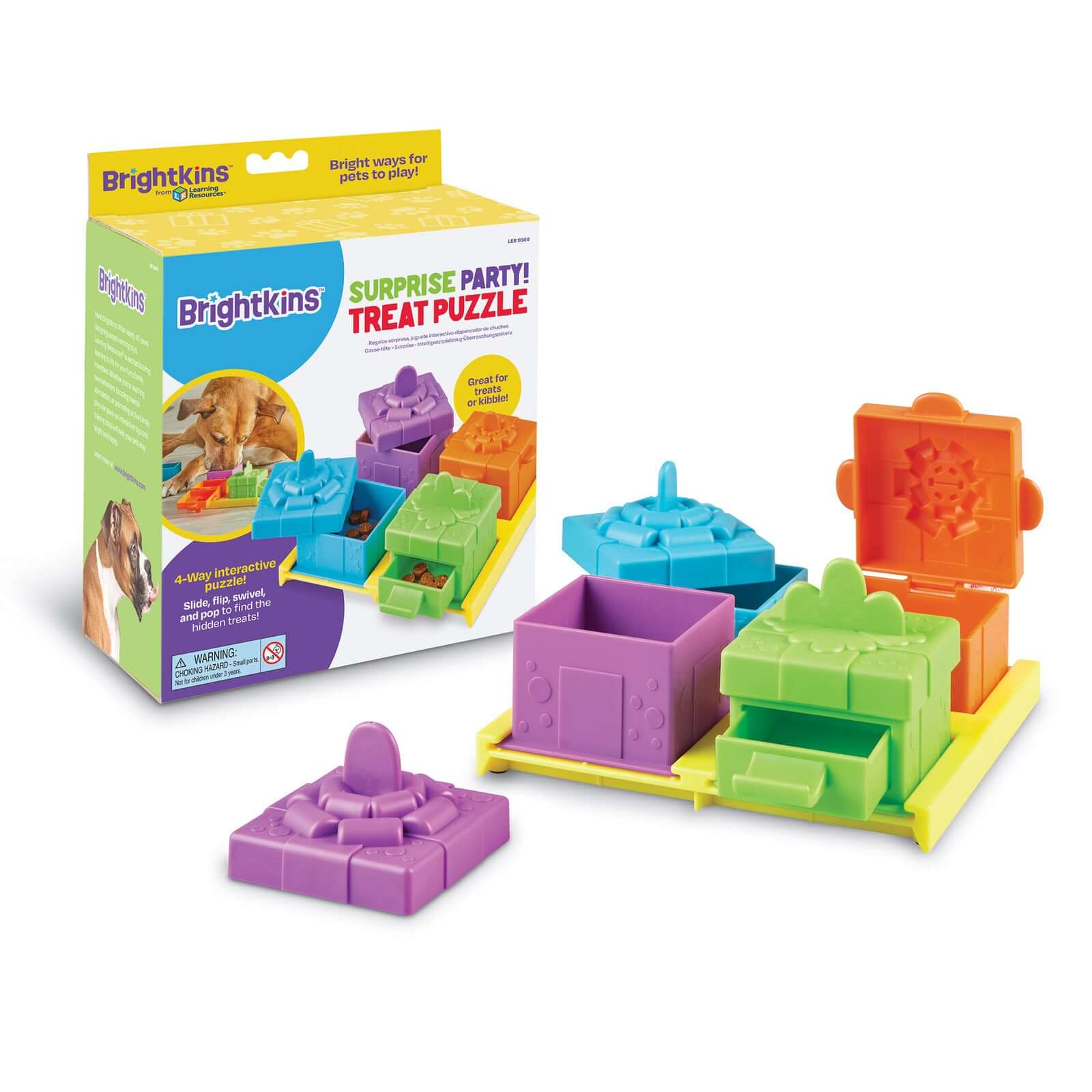 Brightkins Surprise Party Treat Puzzle for dogs with colorful compartments for treats