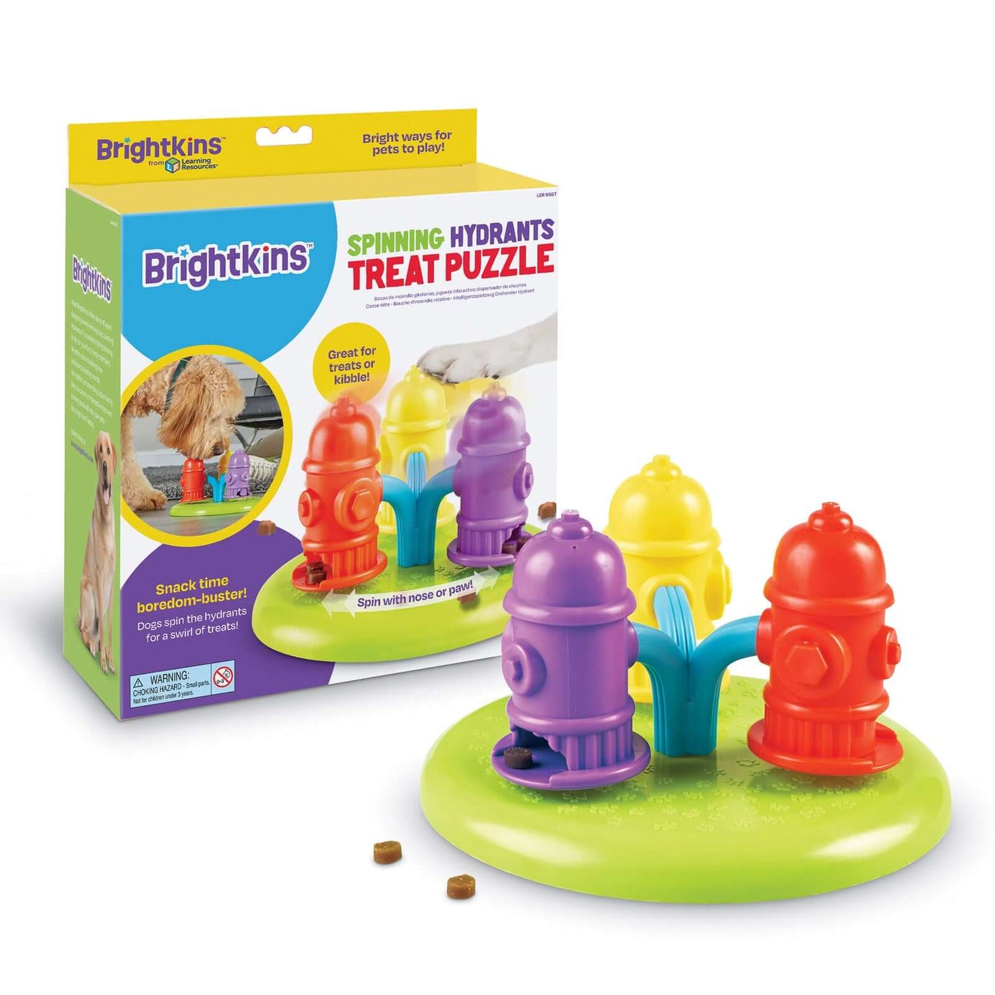 Brightkins Spinning Hydrants Treat Puzzle for dogs with colorful spinning hydrants hiding treats on a vibrant green base