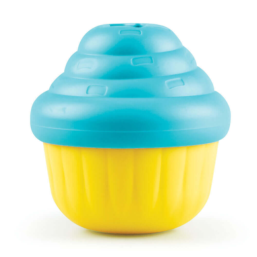 Brightkins Small Cupcake Jutalomfalat Adagoló - Fun and practical food-safe plastic treat dispenser for pets. Yellow and blue cupcake design.